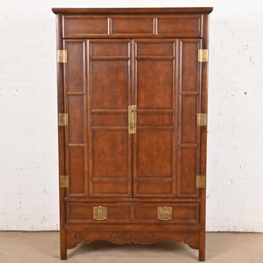 Michael Taylor for Baker Furniture Hollywood Regency Chinoiserie Carved Walnut Media Armoire Cabinet