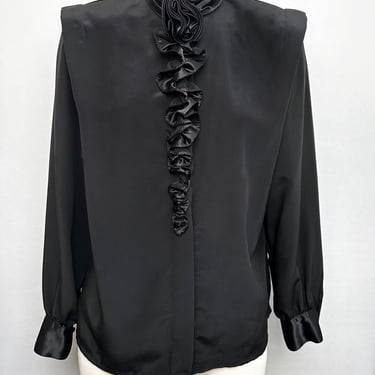 80's Black Rose Ruffle Blouse, Vintage High Collar Shirt Women's Ruffle front Long Sleeve Blouse 1980's Goth Evening Party Dressy 