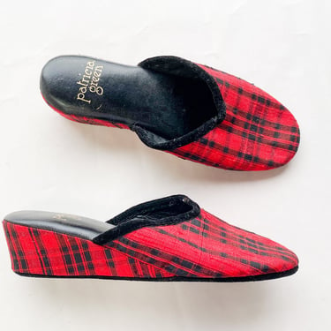 1950s Red Plaid Slippers | 50s Red Wedge Shoes | Patricia Green | Size 8 EU 38 