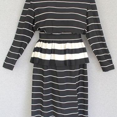 1990s - Peplum - Belted - Stripe Dress - by Leslie Fay - Marked size 16 