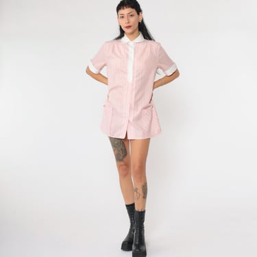 70s Striped Shirt Baby Pink Blouse Vintage Pocket Short Sleeve Pastel Top Button Up 1970s White Contrast Collar Candy Striper Small S 