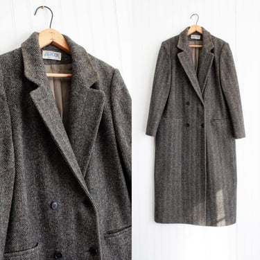 herringbone wool coat 80s 90s vintage JG Hook dark gray heavy warm wool jacket 