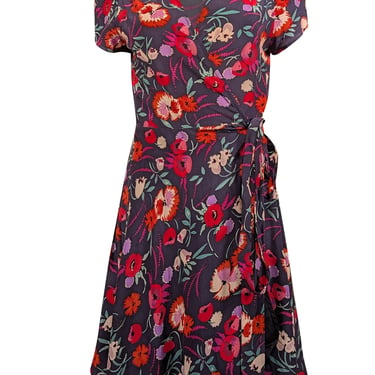 Yumi Kim - Navy w/ Red & Purple Floral Print Silk Wrap Dress Sz M