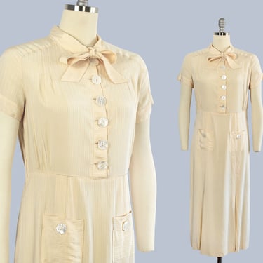 1930s Dress /  30s Buttercream Ribbed Cool Rayon Summertime Deco Dress / Pockets! 