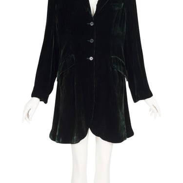 Romeo Gigli 1990s Vintage Dark Green Silk Velvet Collared Coat Sz M L 