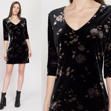 Medium 90s Black Floral Velvet 3/4 Sleeve Mini Dress | Vintage Grunge V Neck Stretchy Bodycon Dress 