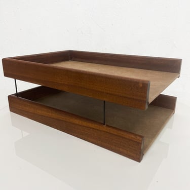 1970s Modern Two Tier Paper Tray Solid Walnut Wood and Bronze Desk Accessory 