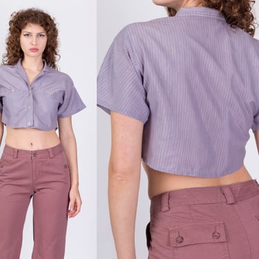 80s Purple Striped Crop Top - Extra Small | Vintage Button Up Collared Cropped Blouse 