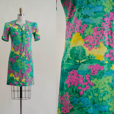 country scenic dress | 80s vintage green yellow pink cottagecore trees meadows floral puff sleeve novelty print dress 