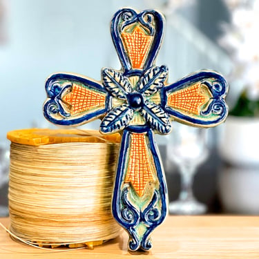 VINTAGE: Ceramic Wall Hanging Cross - Glazed Ceramic Cross - Home Decor - Religion - SKU 00040095 