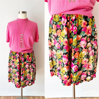 SIZE 2X 22 24 Floral Wide Leg Shorts - Skirt Shorts Skort - Culottes Rayon Floral with Pockets - Orange and Pink 