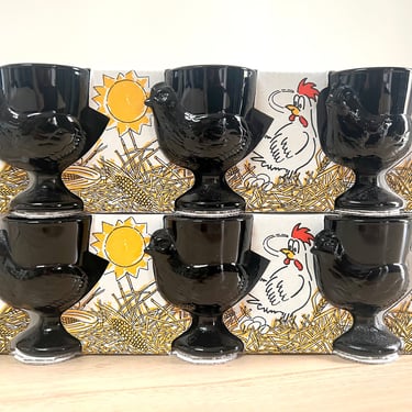 Vintage Luminarc Black Glass Egg Cups, New in Box Black Glass Chicken Egg Cups 