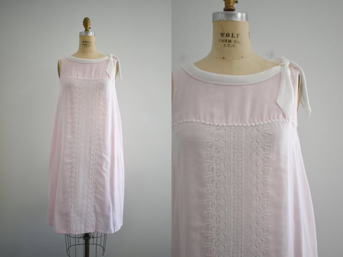 1960s Pink Voile Dress with White Embroidery 