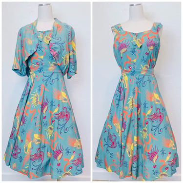 1960s Rayon Homemade Blue Bird Print Dress Set / 60s / Novelty Kanji Print Attached Bolero Sundress / Size Medium 
