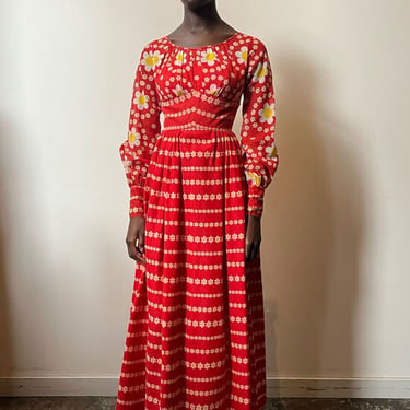 Vintage 1960s red cotton blend daisy print maxi dress 