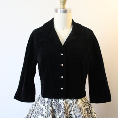 Vintage 50s NOS Koret of California Black cotton velvet Rhinestone Buttons Short Crop fitted Jacket Coat //  US  2 4 6 xs s 