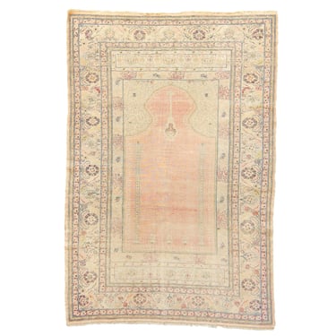 Antique 4’ x 5’11“ Distressed Panderma Rug Peach Cream Hand-Knotted Silk Rug 1880s - FREE DOMESTIC SHIPPING 