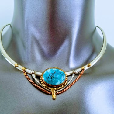 Vintage Turquoise & Mixed Metals Necklace~Silvered White Brass Copper Yellow Brass Omega Style Choker~JewelsandMetals 