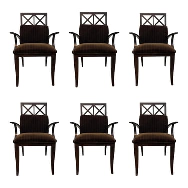 Century Furniture Modern Chocolate Brown Stripped Cut Velvet Dining Arm Chairs Set of 6