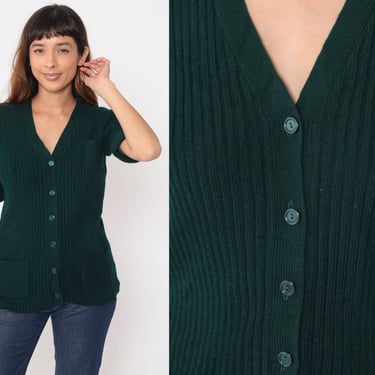 Dark Green Knit Sweater Top 70s Cardigan Button Up Short Sleeve Sweater Retro Ribbed Basic Blouse V Neck Pocket Knitwear Vintage 1970s Small 