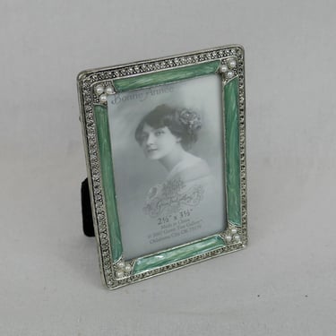 Silvertone Photo Frame w/ Green Enamel Trim and Faux Pearls - 2 1/2