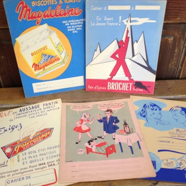 1950s French Advertisement Posters, Exercise Book Covers, Unique Colorful Graphics , Set of 5 