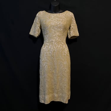 1950s golden brocade cocktail dress textured paisley evening frock medium 