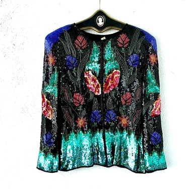 Vintage 80s 90s Sequin Beaded Bold Bright Silk Jacket 1980s Floral Art Deco Bright Glam Cardigan 