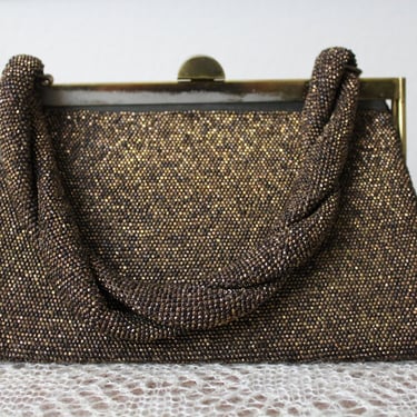 Vintage 1930's 40's Copper Fully Seed Beaded Brass Metal Hinge Handbag Purse Evening Art Deco // Fre-mor 