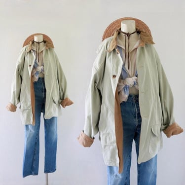 beige barn coat - l/xl - vintage 90s y2k canvas corduroy casual ranch canvas chore jacket minimal long sleeve flannel lined 