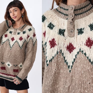 Fair Isle Sweater 90s Taupe Knit Button up Henley Sweater Wool Blend Cream Red Green Geometric Diamond Print Pullover Vintage 1990s Medium M 