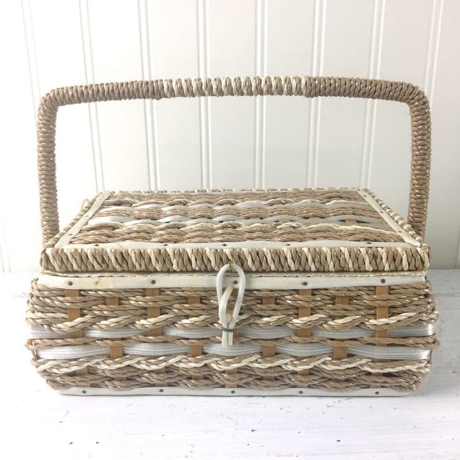 Sewing basket - vintage coated sisal storage - made in Japan 