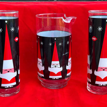 holt howard santa glasses and pitcher set 1960s libbey DQ Christmas tall hat santa cocktail glass barware 