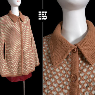 Classy Vintage 60s 70s Brown & White Knit Poncho with Collar 