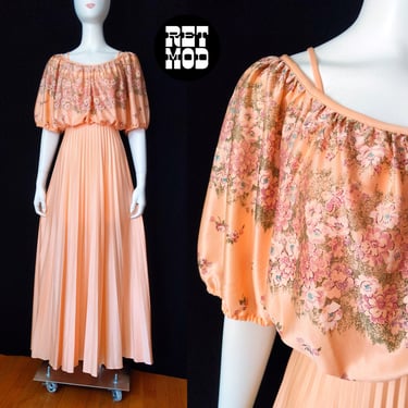Gorgeous Boho Vintage 70s Peach (Pastel Orange) Floral Pleated Maxi Dress 
