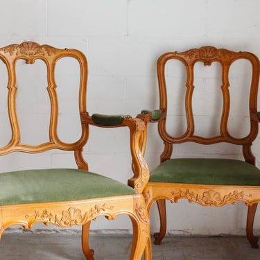 pair of 1950s Belgian Liégeoise rococo style carved oak armchairs