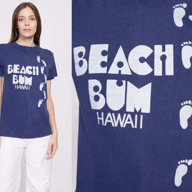 Small 70s Hawaii Beach Bum T Shirt Unisex | Vintage Navy Blue Footprint Graphic Tourist Tee 