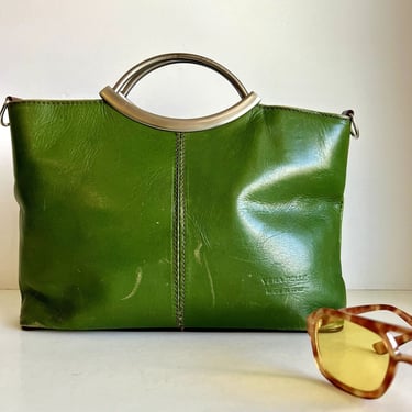 Vera Pelle Green Distressed Genuine Leather Silver Top Handle Tote Bag 