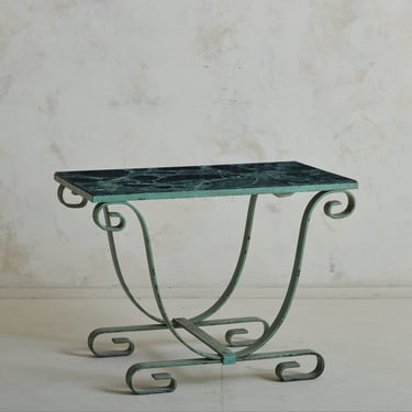 Green Iron Base Side or Entryway Table with Verde Alpi Marble Top, France 1950s