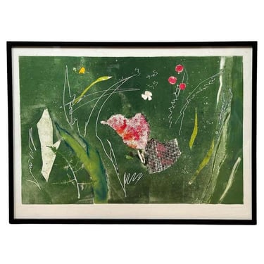 “Whispers of Eternity” Green and Pink Semi Abstract Lithograph