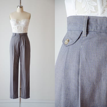 high waisted pants | 80s 90s vintage Lee Casuals beige navy houndstooth plaid checkered pleated dark academia cotton trousers 