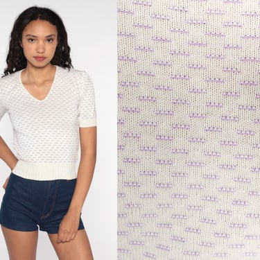 Knit Puff Sleeve Top 80s White Purple Shirt Boho Short Sleeve Sweater Top Bohemian Vintage 1980s 2xs xxs 2x 