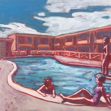 Pool #33 - Original Acrylic Painting on Canvas 20 x 16, michael van, sky, clouds, mid century modern, retro, blue, women, bathing, swimming 