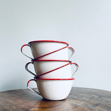 Red + White Enamel Cups | Set of 5 | Camping Cups | Metal Cups | French Enamel | Enamelware | Outdoor Dining | Modern Farmhouse 