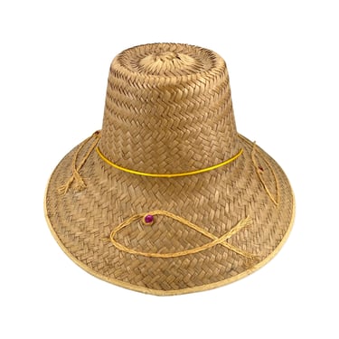 50s straw novelty sun hat, vintage 1950s flower pot hat, mid century fish embroidered cloche, 60s garden hat 
