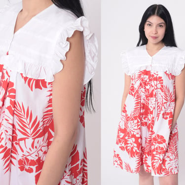 Hawaiian Tent Dress 80s White Ruffled Yoke Tropical Dress Red Mini Floral Leaf Print Cap Sleeve Summer Hippie Bohemian Vintage Medium 