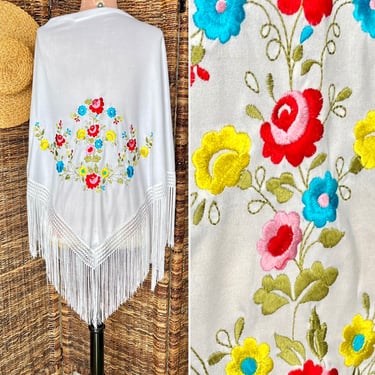 Luxe Embroidered Shawl, Long Fringe, Vivid Floral Design, Vintage Boho, Bohemian, Hippie 