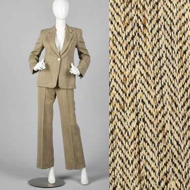 XXS Two Piece Pant Suit Max Mara Wool Silk Tan Herringbone Lightweight Pockets Long Sleeve Fall Womens Set 1990s Vintage Separates 