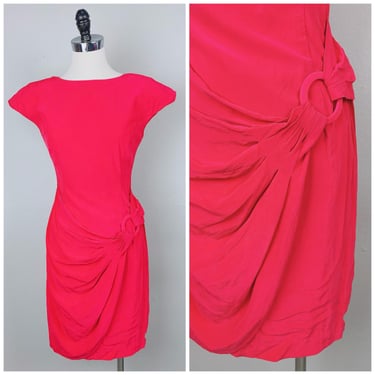 1980s Vintage Coral Bugardi Mini Dress / 80s / Eighties Sarong Belt Wiggle Body Con Silk Dress / Size Small - Medium 