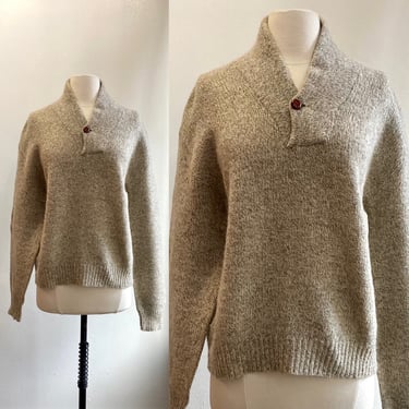Vintage 80s Sweater / Wool OATMEAL FLECK Henley Pullover / Leather Button / Environmental Clothing Co. 